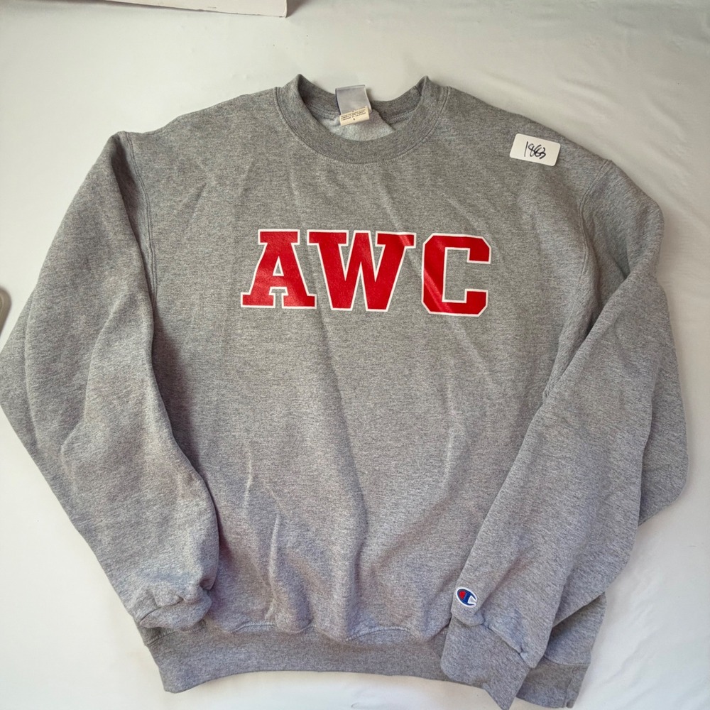 Champion Sweatshirt Large Gray AWC Graphic Crewneck Casual Sporty Eco Fleece